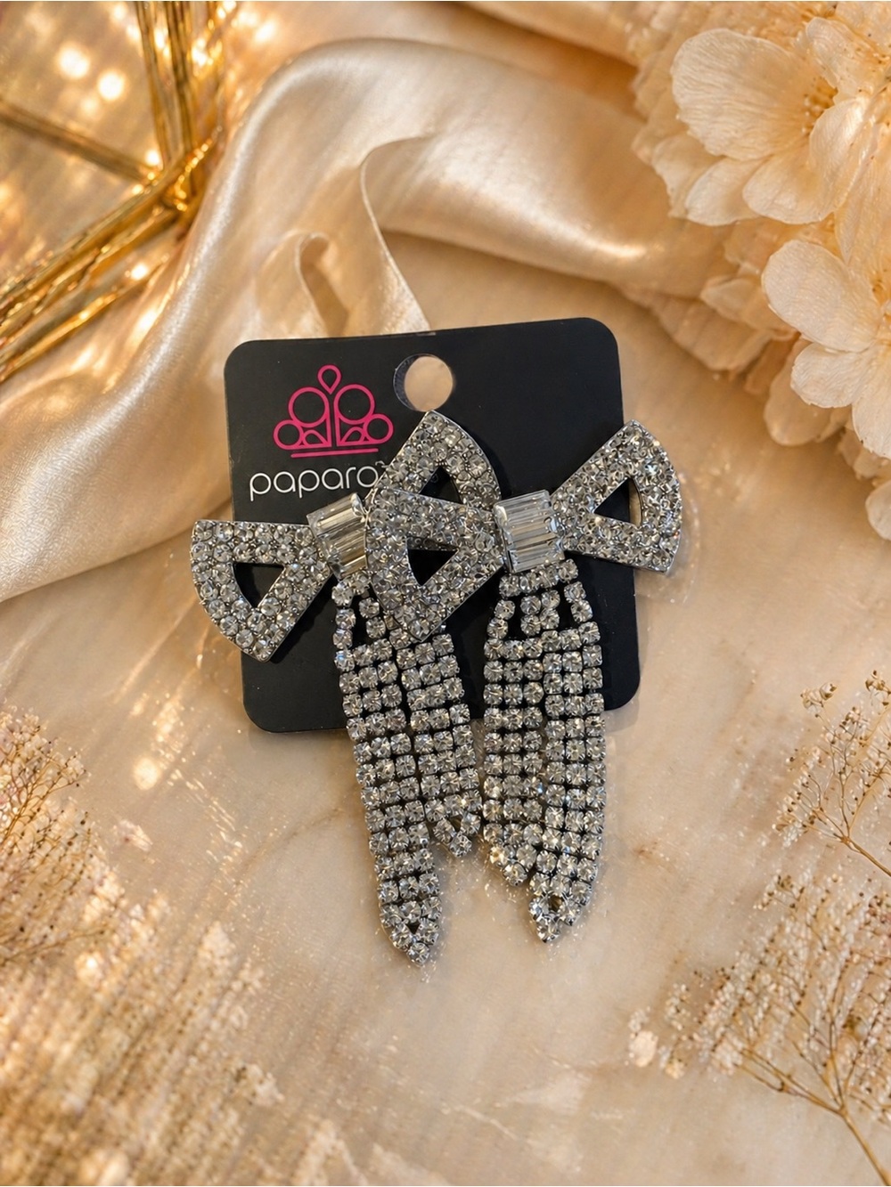 Paparazzi Silver Rhinestone Bow Tassel Earrings